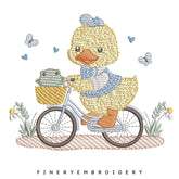 Whimsical Duck and Frog on Bicycle Embroidery Design - 7 Sizes | FineryEmbroidery - FineryEmbroidery